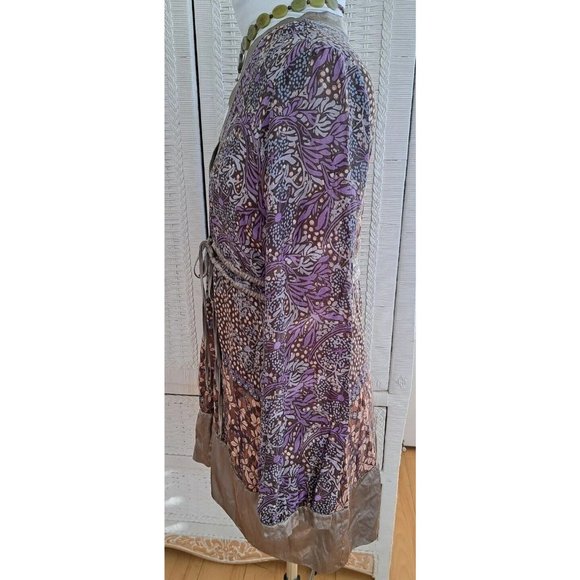 Magic Mystery Boho Bell Sleeve Tunic Top Multi Print Taupe/ Purple Sz S - Picture 4 of 9